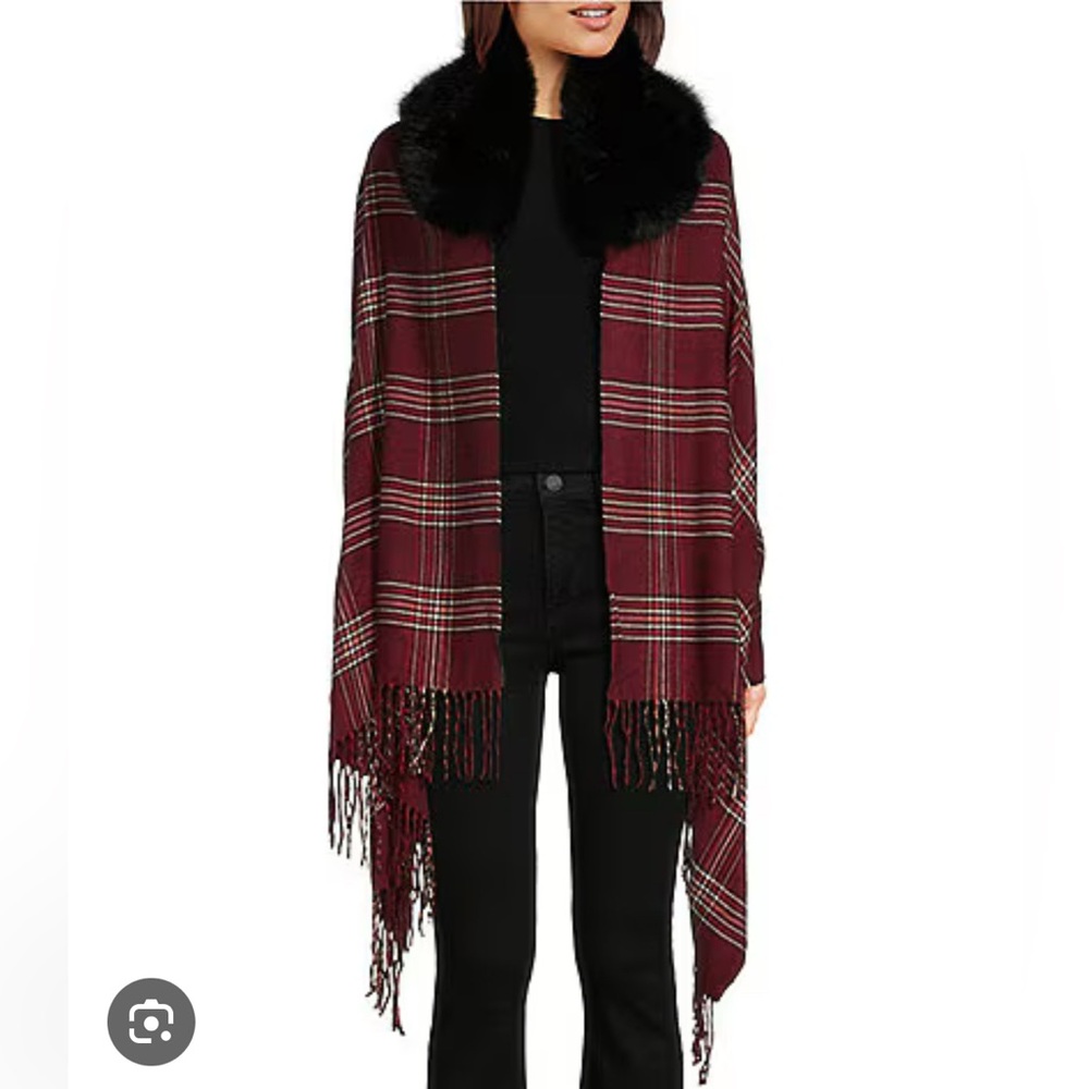 SASSO + SMYTH Plaid Cape with Faux Fur one size NWT
